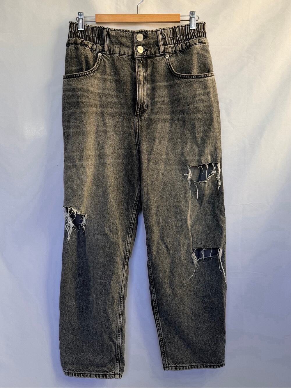 AllSaints Daisy Distressed Tapered Jeans Women’s 8 Gray High Rise Elastic Waist